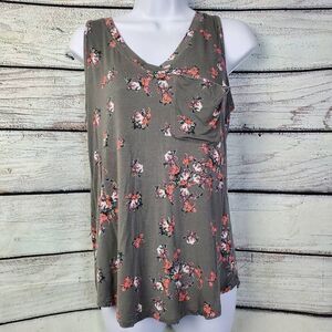 Maurices 24/7 Olive Green Floral Tank Top Women’s Small Sleeveless Pocket Tee